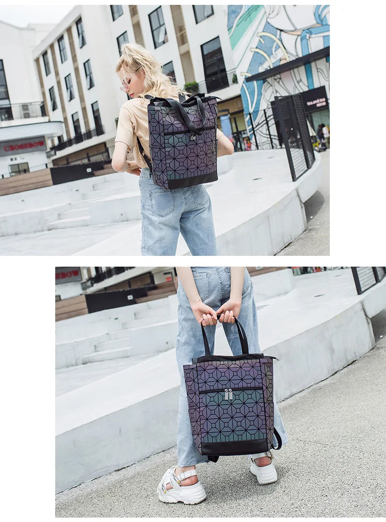 Mochila Holográfica Luminosa 15 Polegadas - Geométrica Premium Feminina - Loja Holoo