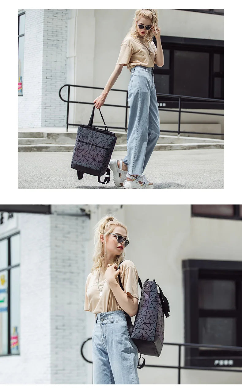 Mochila Holográfica Luminosa 15 Polegadas - Geométrica Premium Feminina - Loja Holoo