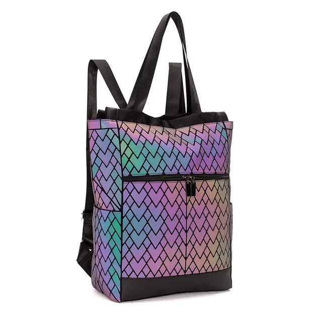 Mochila Holográfica Luminosa 15 Polegadas - Geométrica Premium Feminina - Loja Holoo