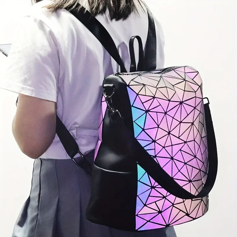 Moda feminina luminosa mochila pvc holográfica geométrica sacos de escola para meninas adolescentes mochila feminina viagem bagpack - Loja Holoo